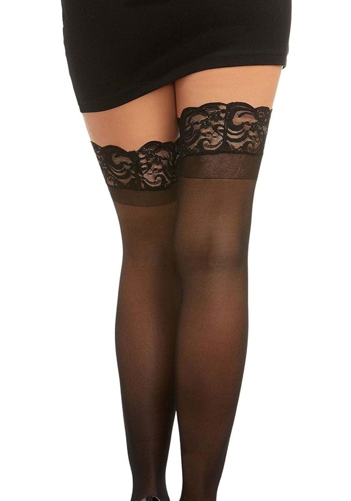 Dreamgirl Women's Sheer Thigh High Pantyhose with Comfort Lace Top and Anti-Slip Silicone Band - Black, One Size - Image 2